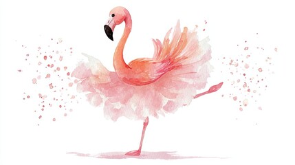 A whimsical illustration of a pink flamingo dancing gracefully, adorned with a fluffy tutu and surrounded by soft pastel splashes.