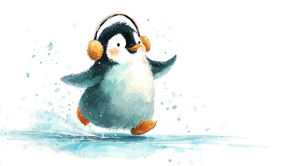 Obraz premium A cute penguin wearing earmuffs joyfully waddles across an icy landscape, creating a playful and whimsical scene.