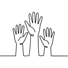Continuous line drawing of three raised hands