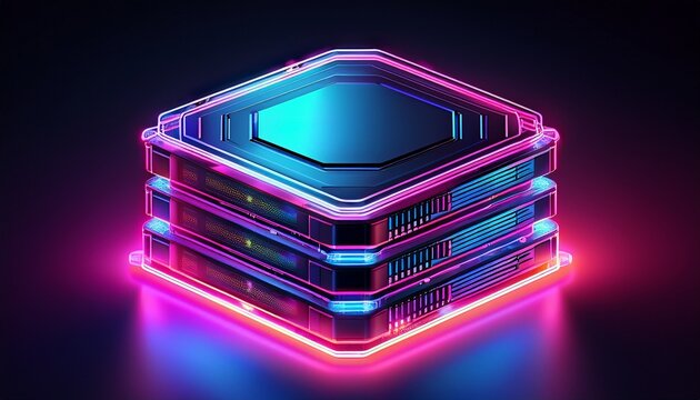 neon lit hexagonal data server stack on black background glowing with vibrant pink and blue hues isometric view