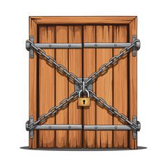 Vintage Wooden Door Secured with Metal Chains and Padlock For Safety Storage