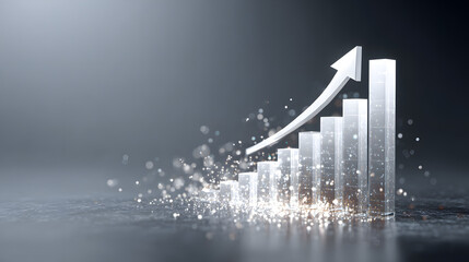 A white arrow rises prominently on a glass bar graph symbolizing growth agains a subtle gray background,representing financial proress. AI generated