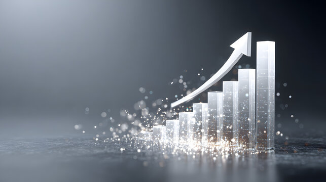 A white arrow rises prominently on a glass bar graph symbolizing growth agains a subtle gray background,representing financial proress. AI generated