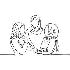 Three women in hijabs connected by a single continuous line
