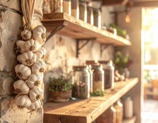 Braided Garlic Hanging in Kitchen