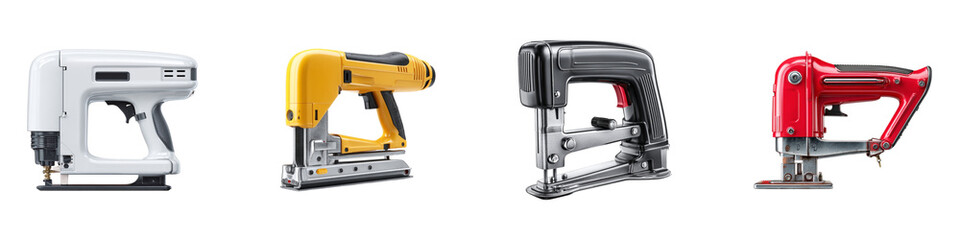 Collection of Four Different Staple Guns and a Jigsaw isolated on transparent background.