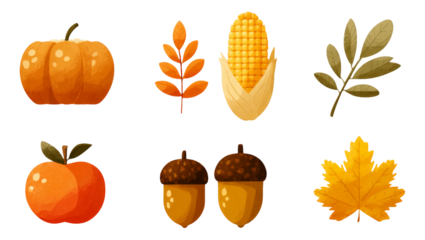 Colorful Autumn Elements Including Pumpkin, Leaves, Corn and Acorns
