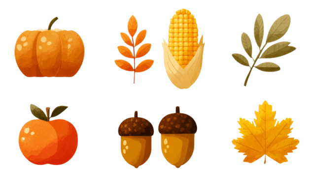 Colorful Autumn Elements Including Pumpkin, Leaves, Corn and Acorns
