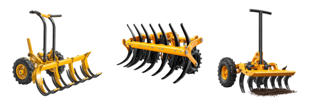 Versatile Yellow Cultivator And Tiller For Agricultural Purposes isolated on transparent background.
