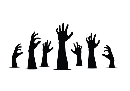 Creepy hand silhouettes emerging from ground in solid black horror Halloween scene