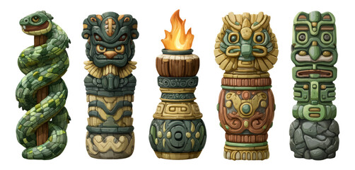 Colorful and Intricate Carved Totems with Unique Designs and Styles