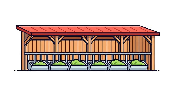 Stylized illustration of wooden livestock feeder with ample green fodder