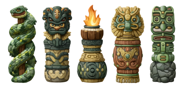 Colorful and Intricate Carved Totems with Unique Designs and Styles