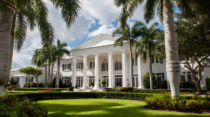 Obraz premium Luxurious white mansion with palm trees and green lawn