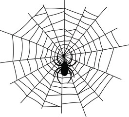 Obraz premium Spiderweb silhouette with hanging spider centered in solid black on white background