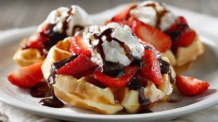 Delicious waffles topped with fresh strawberries and whipped cream, drizzled with chocolate sauce