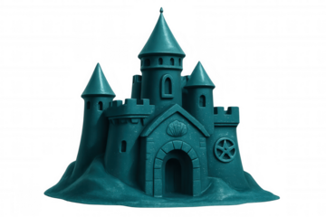 Intricate turquoise sandcastle with towers, arches, and seashell details, isolated on a transparent background, creating a whimsical and dreamy scene