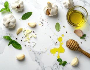 Garlic, olive oil, and herbs on marble surface