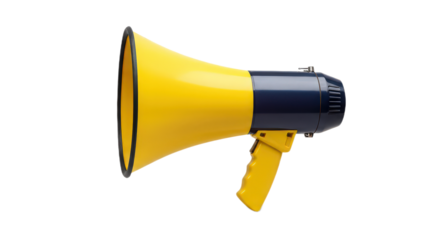 Yellow and black megaphone for public address isolated on transparent background, a communication device