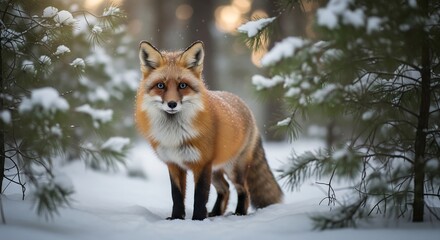 Red fox standing alert in a snowy winter forest with snow covered pine trees and soft sunlight
