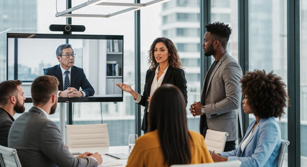 Hispanic businesswoman giving presentation to diverse business team during video conference with male senior asian manager or CEO in modern office