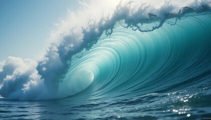 Powerful ocean wave curling and breaking with sea foam under a bright sunny sky seascape