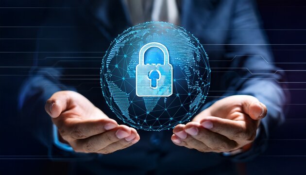 hands holding a globe with digital lock security for global online data protection