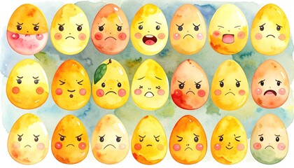 Watercolor illustration featuring an assortment of sad-faced easter eggs