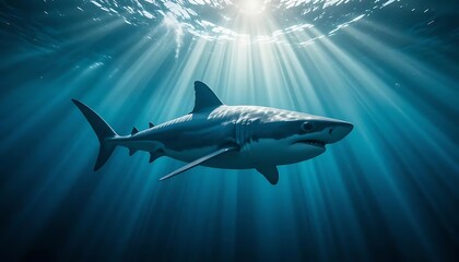 Fototapeta premium Great white shark swimming in the deep blue ocean illuminated by sun rays from the surface