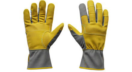 A pair of yellow and gray work gloves isolated on transparent background, essential for hand protection