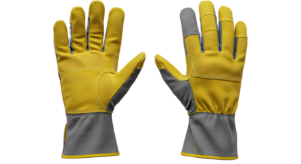 A pair of yellow and gray work gloves isolated on transparent background, essential for hand protection