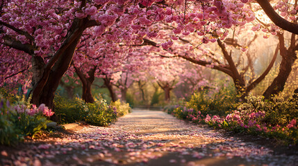 Blooming cherry trees creating a tunnel of pink blossoms in spring park