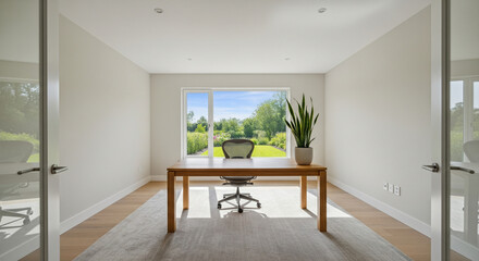 Fototapeta premium Modern Office Setup with Wooden Desk and Ergonomic Chair.