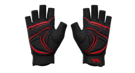 Pair of black and red fingerless gym gloves isolated on transparent background for weightlifting and fitness training