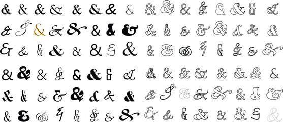 Ampersand icon set modern vector illustration designed with elegant curves, minimal balance, and timeless typographic style, representing the universal symbol of “and” widely used in design, branding,