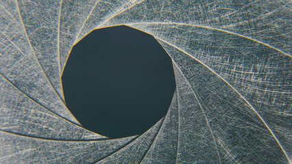 Macro of circular blades of a mechanical iris for a precision opening controlling amount of light...
