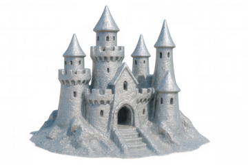 Detailed silver sandcastle miniature featuring layered towers and defined entryway, resting on transparent surface