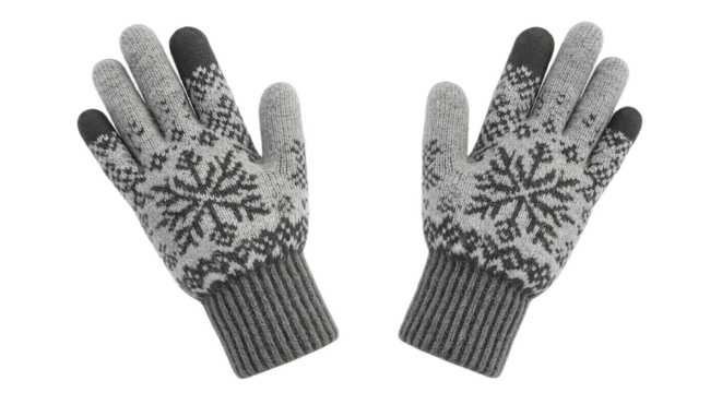 Pair of gray knitted winter gloves with snowflake pattern isolated on transparent background for cold weather