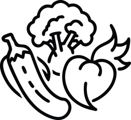 Abstract fusion icon of broccoli florets, capsicum, and eggplant in bold line art style.