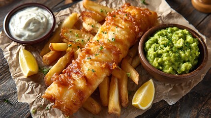 Crispy battered fish fillet served with golden fries, tartar sauce, and guacamole on rustic wood