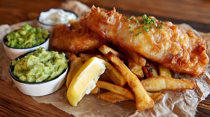 Crispy battered fish served with golden fries, guacamole, and tartar sauce on a rustic table