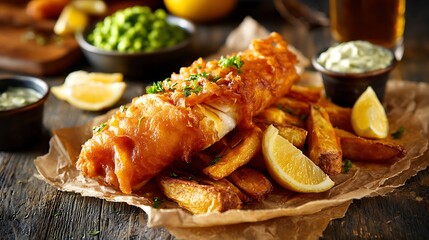 Crispy fried fish fillet served with golden fries and lemon wedges on a rustic wooden table