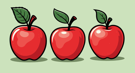 Three vibrant red apples with green leaves, presented in a clean vector graphic style on a soft pastel background, perfect for food and health themes.