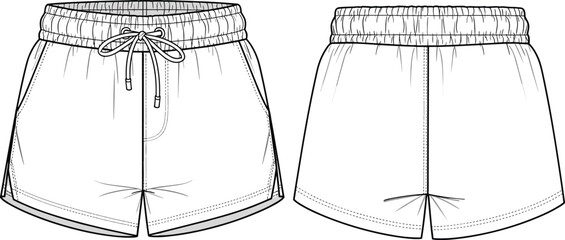Technical fashion sketch, men's shorts design, elastic waistband, drawstring detail, garment construction, apparel template, front and back view illustration