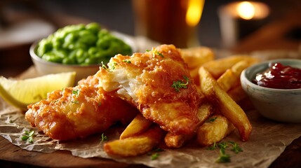 Crispy battered fish with golden fries and green peas, served on a rustic wooden table