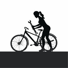 Obraz premium Silhouette of a woman fixing a bicycle with a wrench. Female cyclist performing bike maintenance. Vector illustration of repair service.