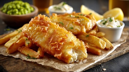 Crispy battered fish and golden fries served with tartar sauce, peas, and lemon slices