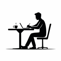 Silhouette of a person working on laptop with a pen and steaming cup at a desk. Remote work, freelancing, study concept.