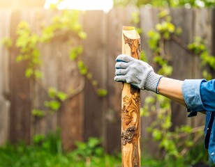 Close-up of hand in gray glove holding a wooden post outdoors