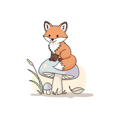 Obraz premium Cute cartoon fox sitting on a mushroom in a whimsical forest setting with plants